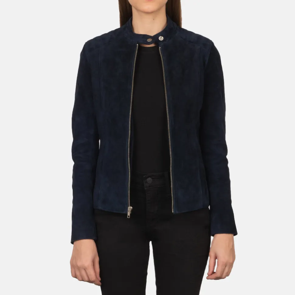 Kelsee Navy Blue Suede Biker Jacket