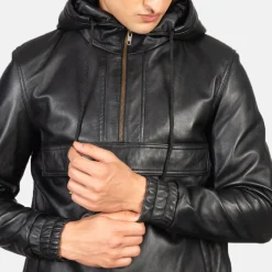 Kenton Hooded Black Leather Pullover Jacket