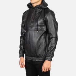 Kenton Hooded Black Leather Pullover Jacket