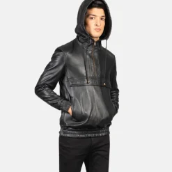Kenton Hooded Black Leather Pullover Jacket