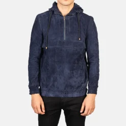 Kenton Hooded Blue Suede Pullover Jacket