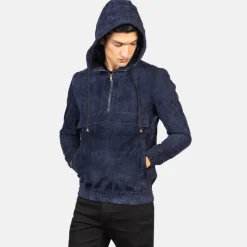 Kenton Hooded Blue Suede Pullover Jacket