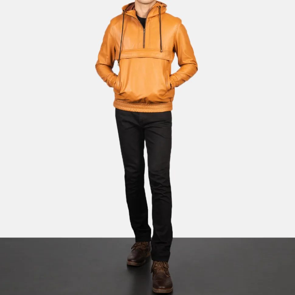 Kenton Hooded Brown Leather Pullover Jacket