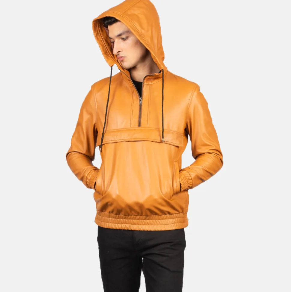 Kenton Hooded Brown Leather Pullover Jacket