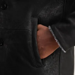 Kolby Distressed Black Leather Shearling Coat