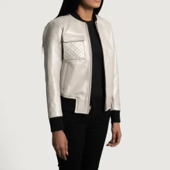 Lana Silver Leather Bomber Jacket