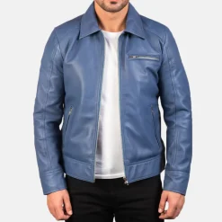 Lavendard Blue Leather Biker Jacket