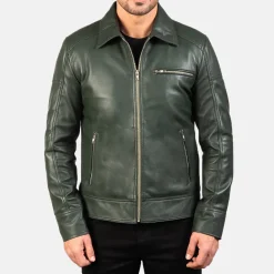 Lavendard Green Leather Biker Jacket