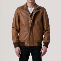 Lester Tan Leather Bomber Jacket