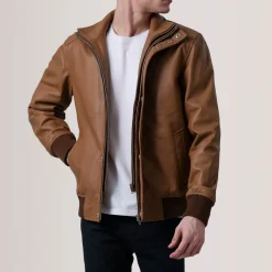Lester Tan Leather Bomber Jacket