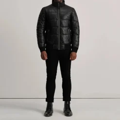 Lucas Black Leather Puffer Bomber Jacket