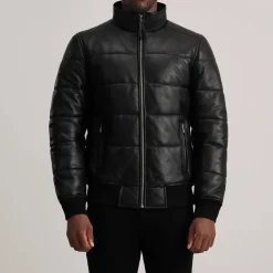 Lucas Black Leather Puffer Bomber Jacket