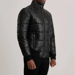 Lucas Black Leather Puffer Bomber Jacket