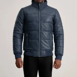 Lucas Blue Leather Puffer Bomber Jacket