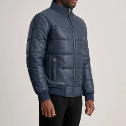 Lucas Blue Leather Puffer Bomber Jacket