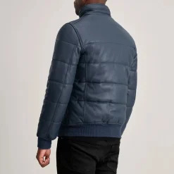 Lucas Blue Leather Puffer Bomber Jacket