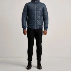 Lucas Blue Leather Puffer Bomber Jacket