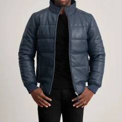 Lucas Blue Leather Puffer Bomber Jacket