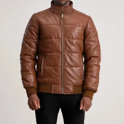 Lucas Brown Leather Puffer Bomber Jacket