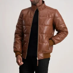 Lucas Brown Leather Puffer Bomber Jacket