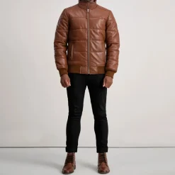 Lucas Brown Leather Puffer Bomber Jacket