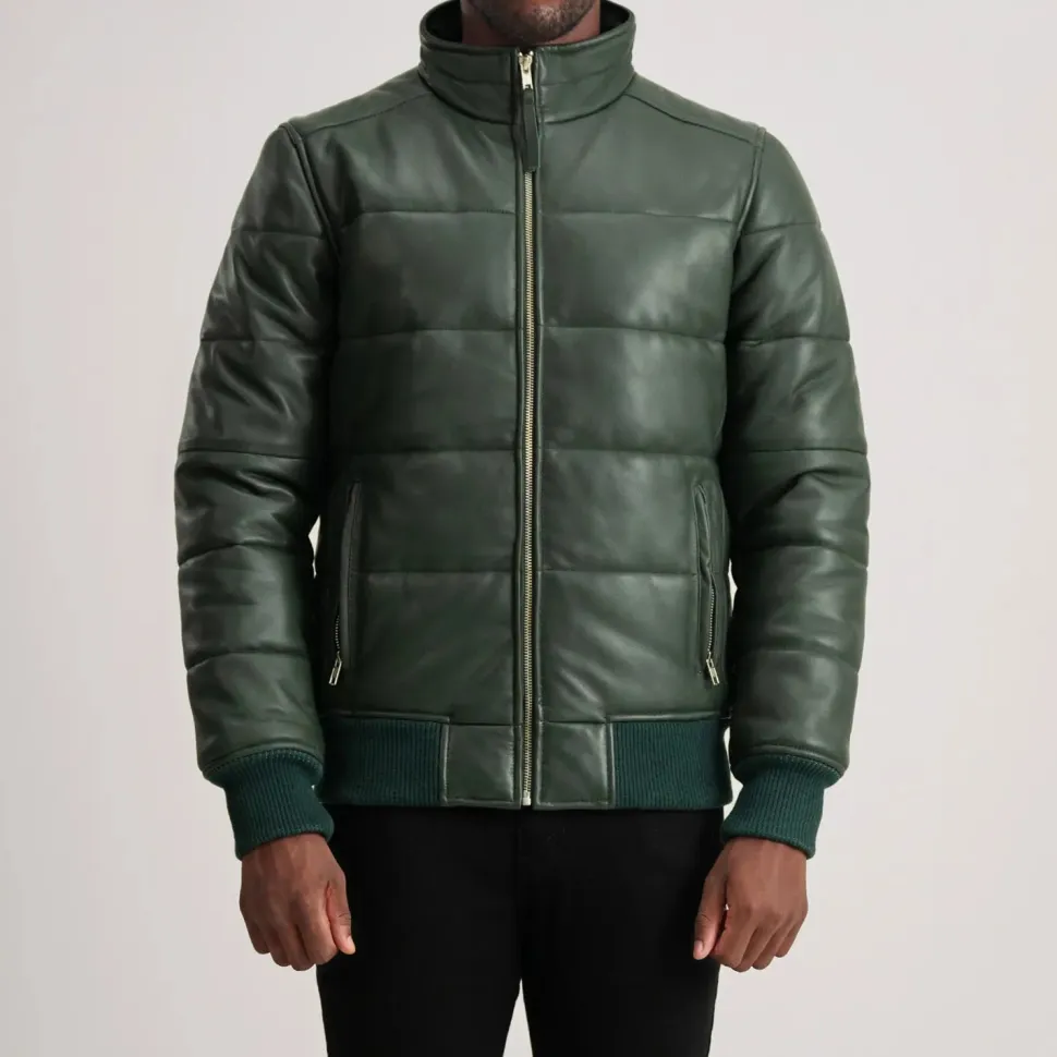 Lucas Green Leather Puffer Bomber Jacket