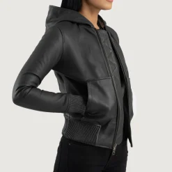 Luna Black Hooded Leather Bomber Jacket