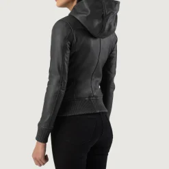 Luna Black Hooded Leather Bomber Jacket