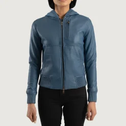 Luna Blue Hooded Leather Bomber Jacket
