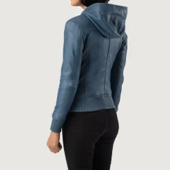 Luna Blue Hooded Leather Bomber Jacket