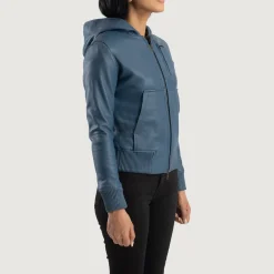 Luna Blue Hooded Leather Bomber Jacket