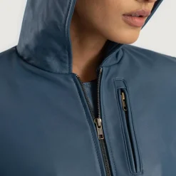 Luna Blue Hooded Leather Bomber Jacket