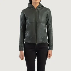 Luna Green Hooded Leather Bomber Jacket