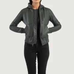 Luna Green Hooded Leather Bomber Jacket