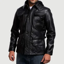 Moulder Hooded Black Leather Jacket