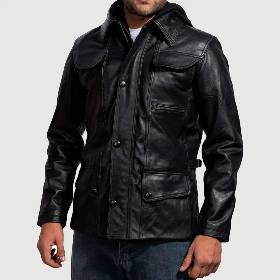Moulder Hooded Black Leather Jacket