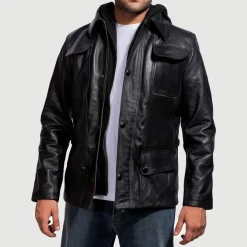 Moulder Hooded Black Leather Jacket