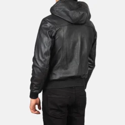 Nintenzo Black Hooded Leather Bomber Jacket