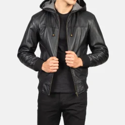 Nintenzo Black Hooded Leather Bomber Jacket