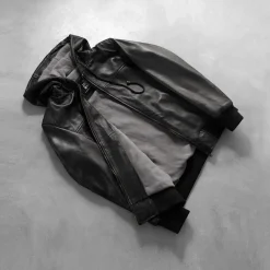 Nintenzo Black Hooded Leather Bomber Jacket