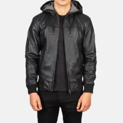 Nintenzo Black Hooded Leather Bomber Jacket