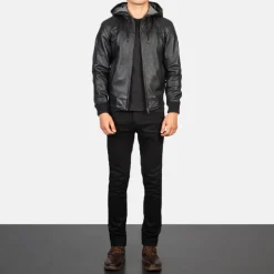 Nintenzo Black Hooded Leather Bomber Jacket