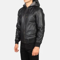 Nintenzo Black Hooded Leather Bomber Jacket