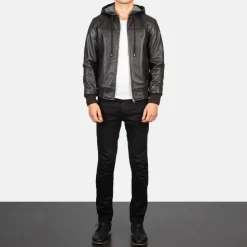 Nintenzo Brown Hooded Leather Bomber Jacket