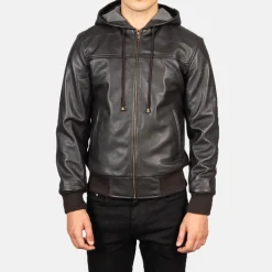 Nintenzo Brown Hooded Leather Bomber Jacket