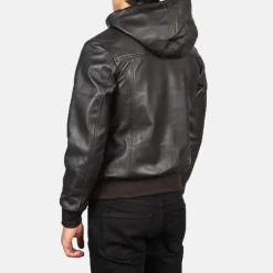 Nintenzo Brown Hooded Leather Bomber Jacket