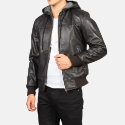 Nintenzo Brown Hooded Leather Bomber Jacket