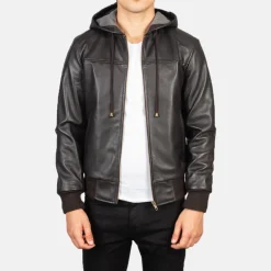 Nintenzo Brown Hooded Leather Bomber Jacket