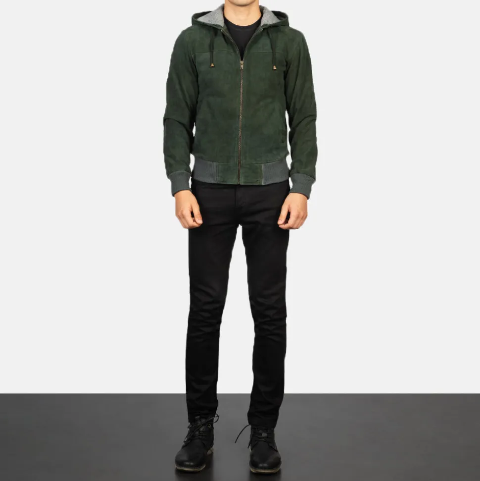 Nintenzo Green Hooded Suede Bomber Jacket