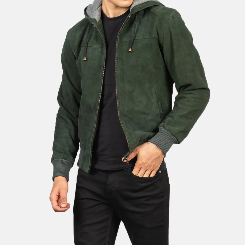 Nintenzo Green Hooded Suede Bomber Jacket